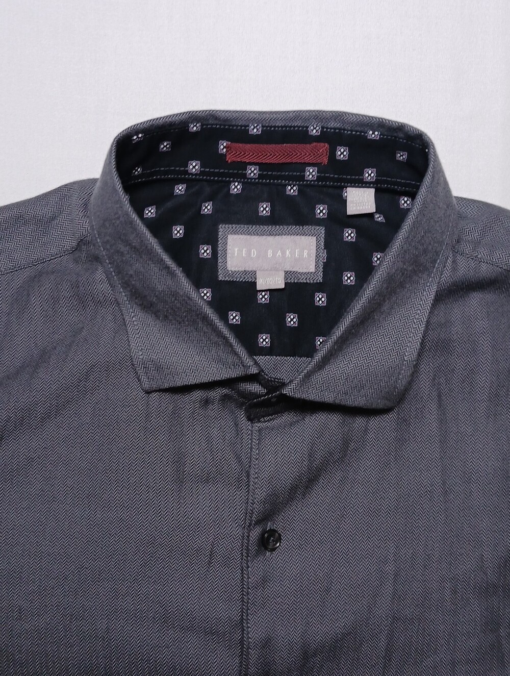 Ted Baker Button Up Long Sleeve Shirt XL Gray Herringbone Contrast Trim 1072429
